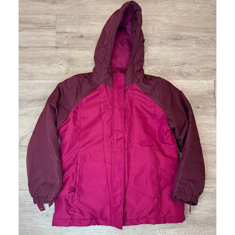 Girls Hooded Colorblock Puffer Winter Coat Burgundy Pink XL 14