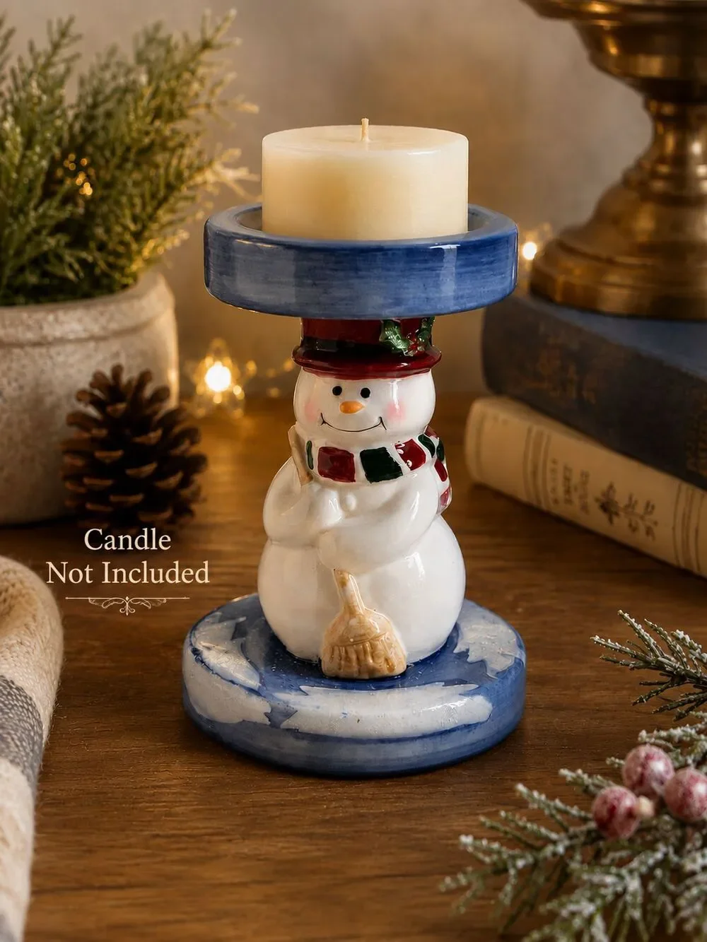 Home Interiors Snowman Pillar Candle Holder Ceramic Christmas Winter Decor 6