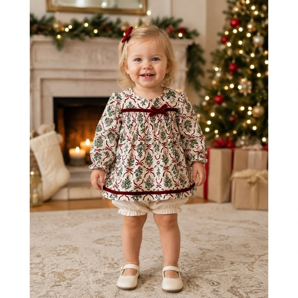 Tommy Bahama Toddler Christmas Smocked Tunic Top 18-24M  Holiday Bow