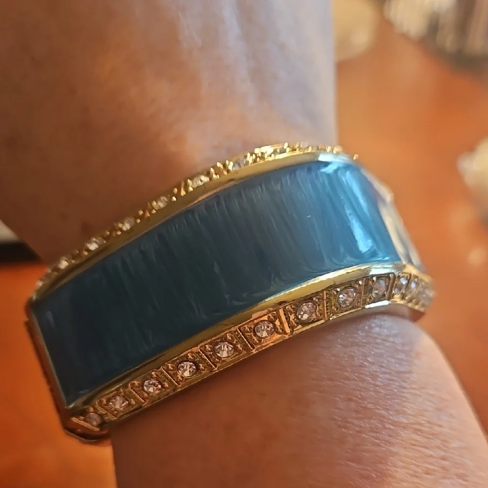 Gold Tone Square Hinged Bangle Bracelet Blue Enamel Band With Rhinestones