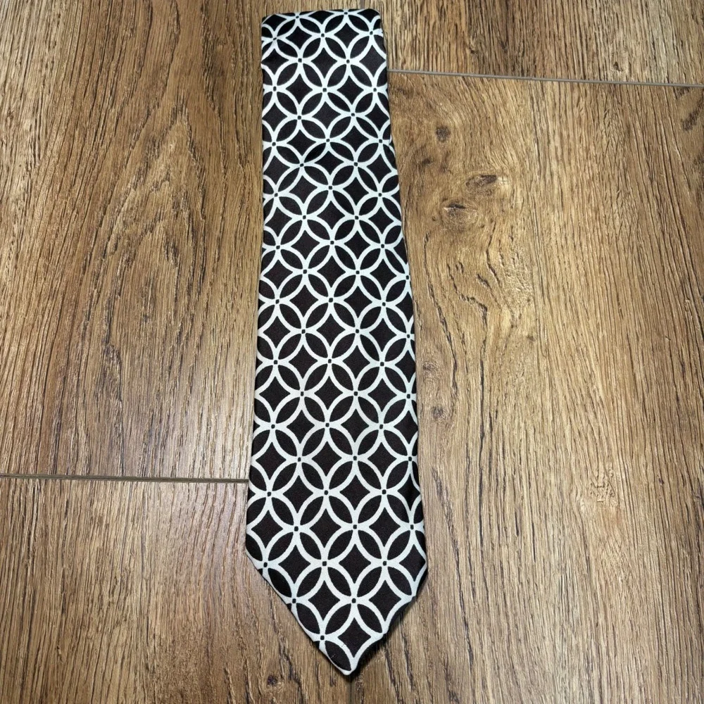 VTG Sears Kings Road Shop Mens 100% Silk Tie Brown Geometric AOP‎ Luxury retro