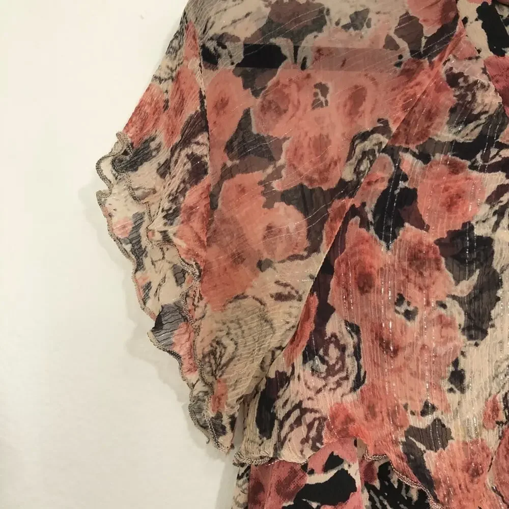 Lucky Brand Ruffled Rose Print Top Lace Up Tiered