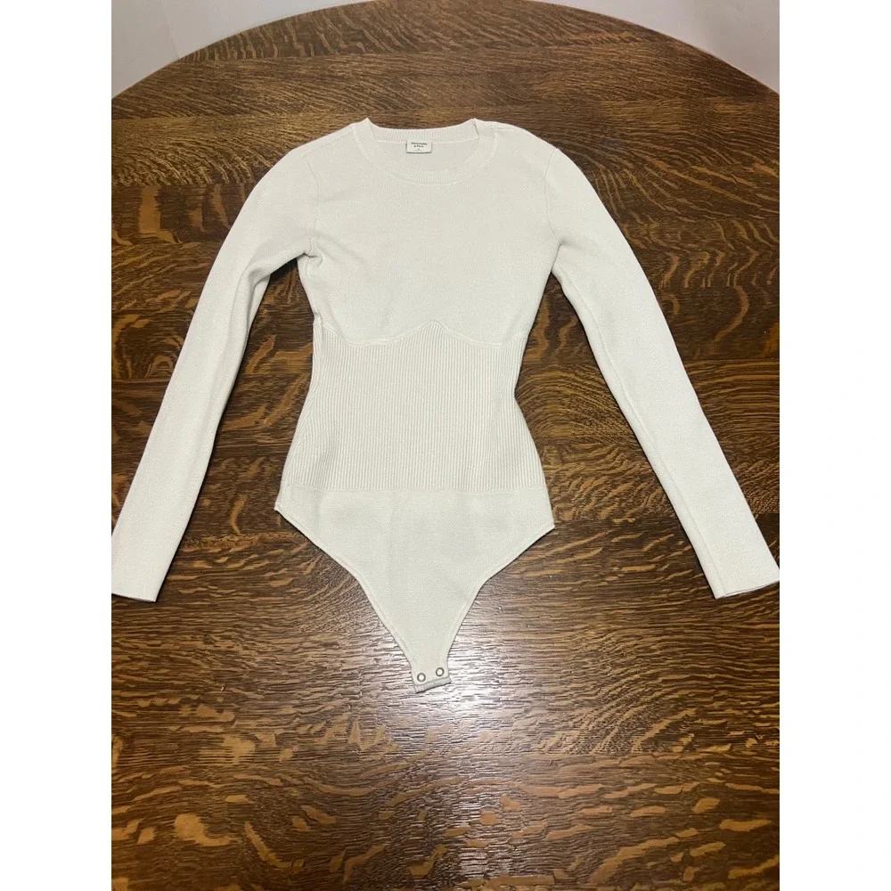 Abercrombie & Fitch Bodysuit Women Small White Long Sleeve Ribbed Corset Waist