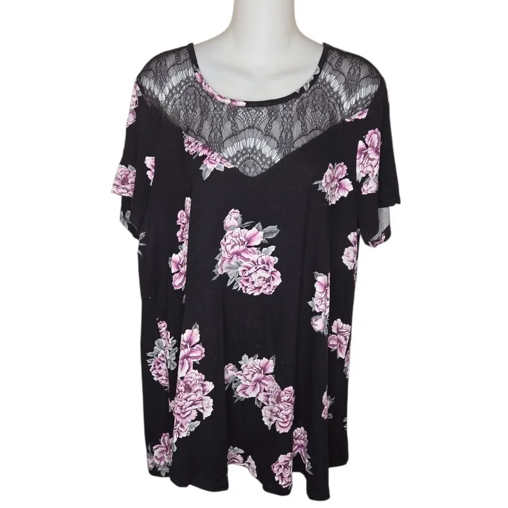 Torrid Super Soft Knits Lace Yoke Floral Crewneck Top Shirt, Size 2 (2X)