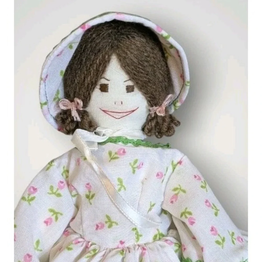 70s Cloth Doll Handmade Yarn Hair Embroidered Rag Country Signed Cottagecore 13