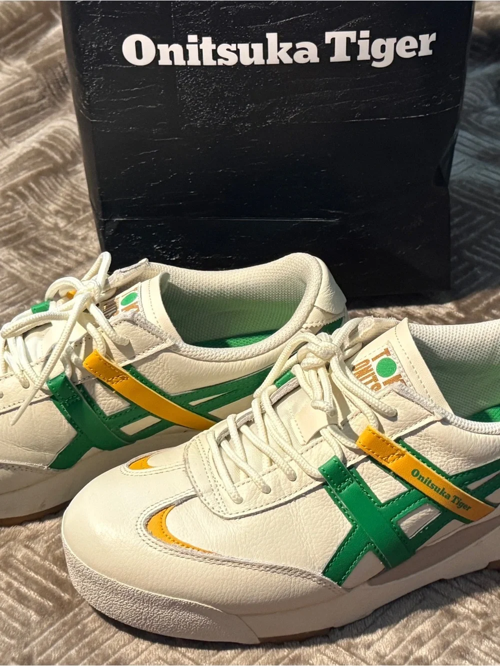 Onitsuka Tiger by Asics White Sneakers with Green & Yellow Accents