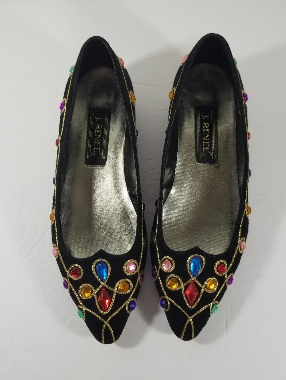 J. Renee Black Suede Bejeweled Low Heels Women's 8M Gold Trim