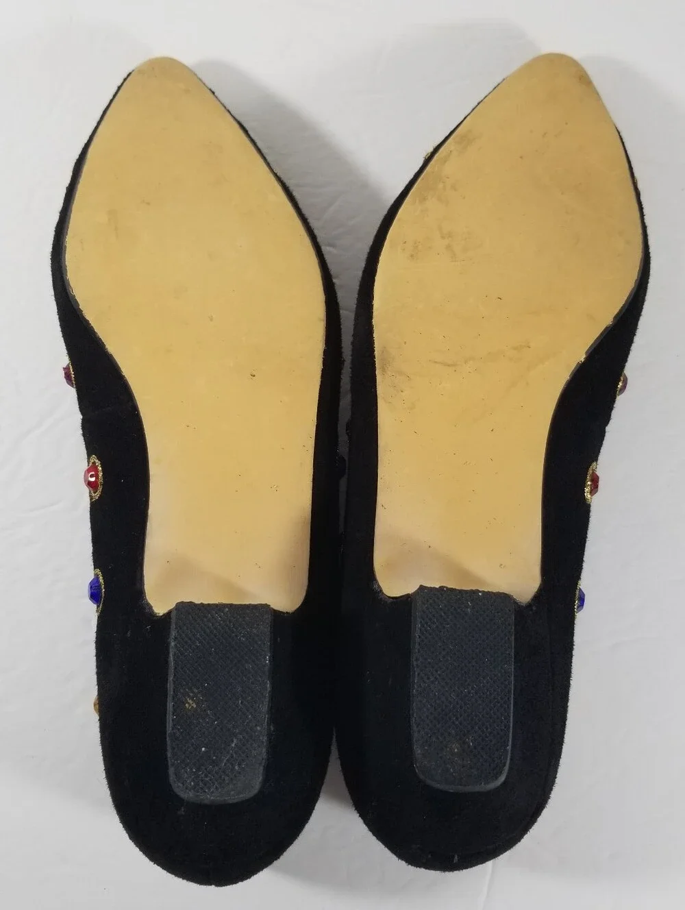 J. Renee Black Suede Bejeweled Low Heels Women's 8M Gold Trim