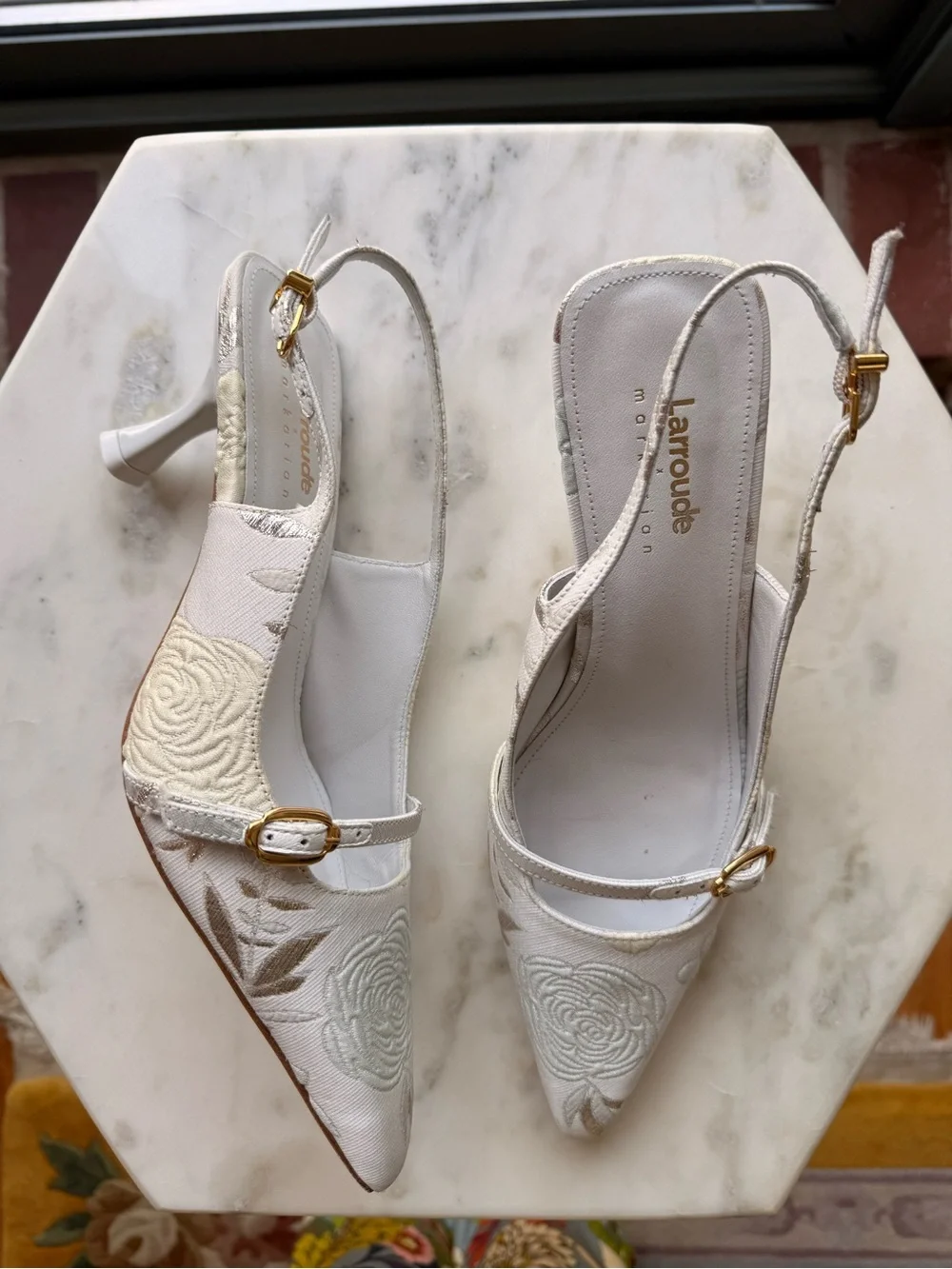 Larroude x Markarian White Embroidered Slingback Heels with Gold Buckles