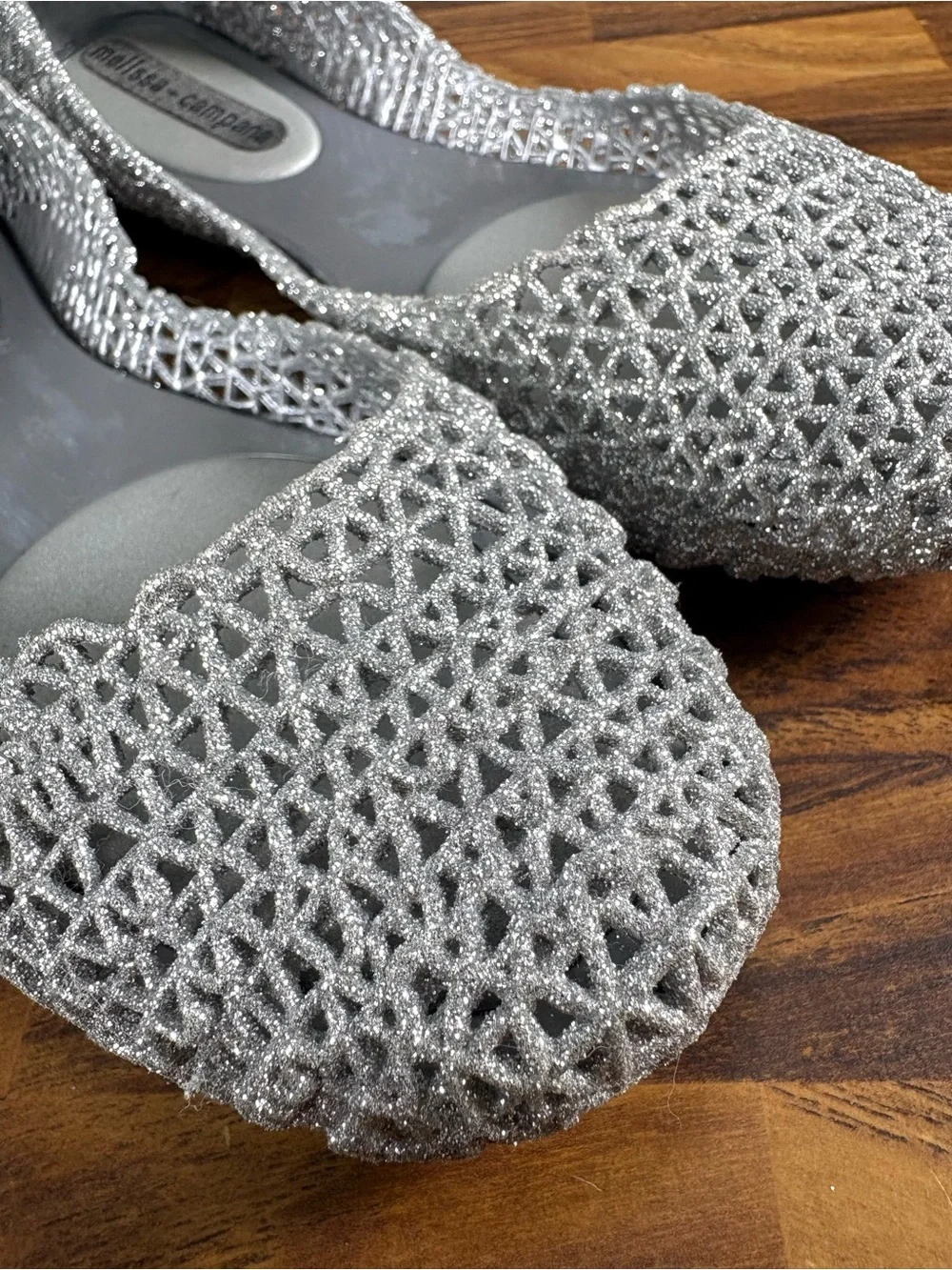 Melissa x Campana Papel Silver Glitter Jelly Ballet Flats Womens 6