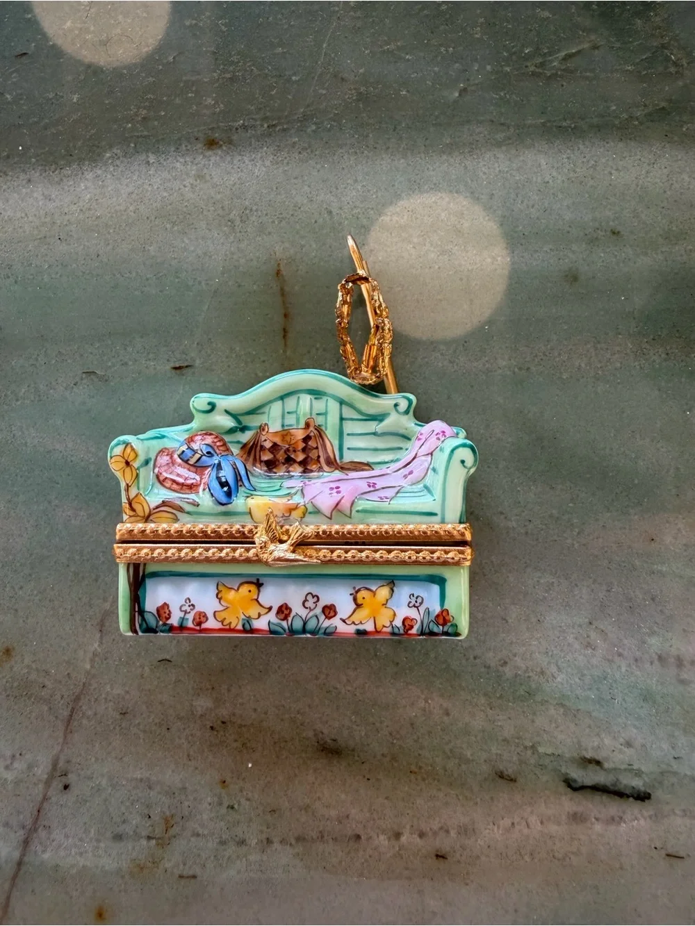 Rare Limoges Hand Painted Porcelain Day Bed With Hat + Lamp Trinket Box #26/500