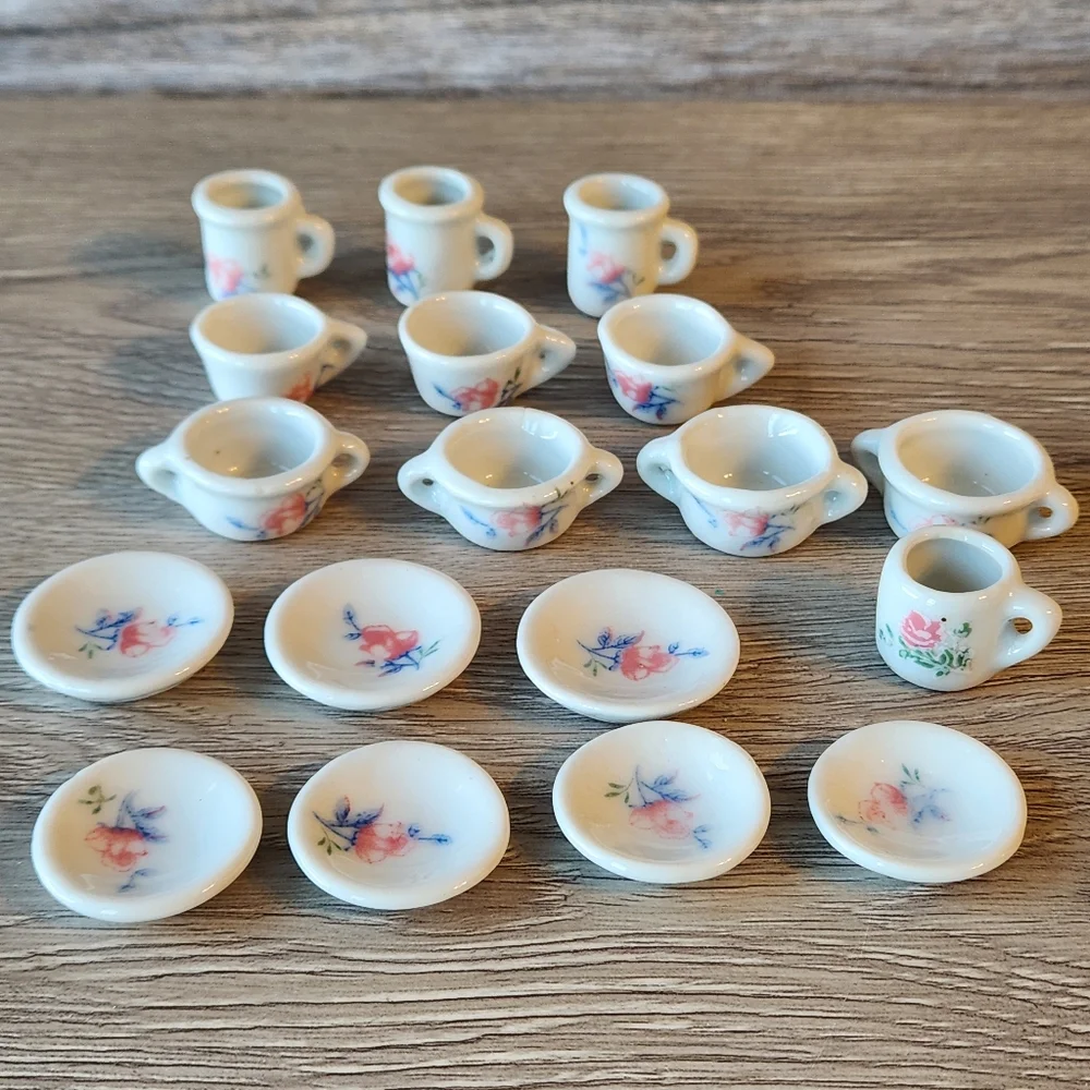 Vintage Porcelain Tea Set 17 Pieces And 1 Bonus Piece Blue Pink Miniatures