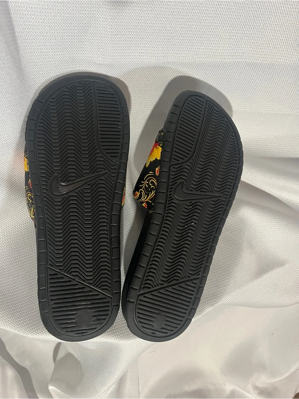 Nike Black Slides with Red Logo and Yellow Floral Strap