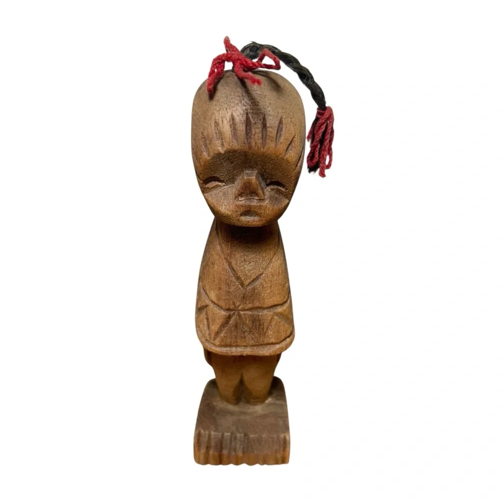 Handcrafted Wooden Folk Art Female Figurine with a Braid African Origin VTG