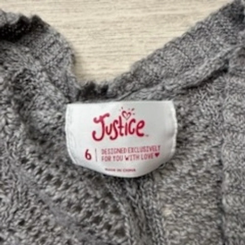 Justice Girls Gray Knit Cardigan Sweater Fair Isle Pockets‎ Size 6