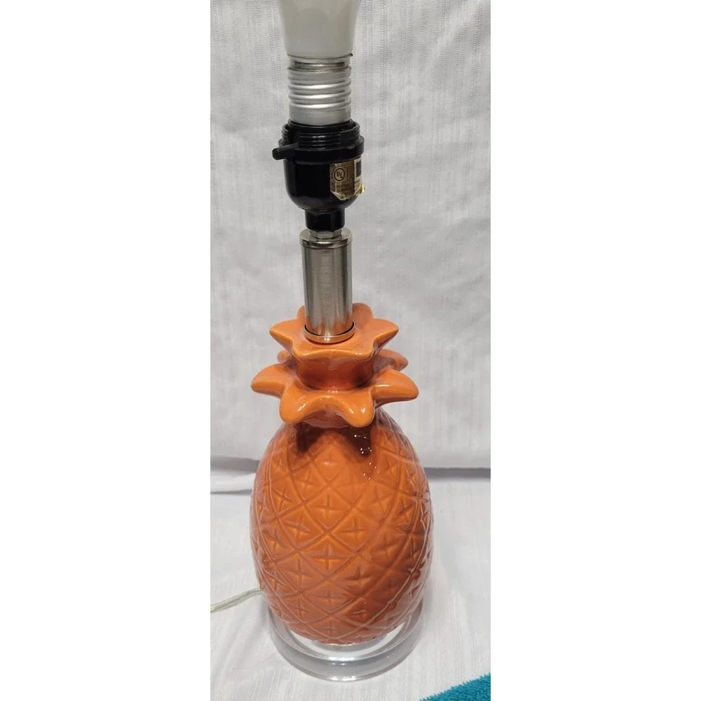 Vintage 70s Look Orange Pineapple Table Lamp with Shade Ceramic Glossy Finish