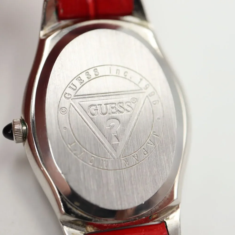 Vintage 1996 Guess Striped MOP Watch 22mm Oval Dial Red Leather w New Battery