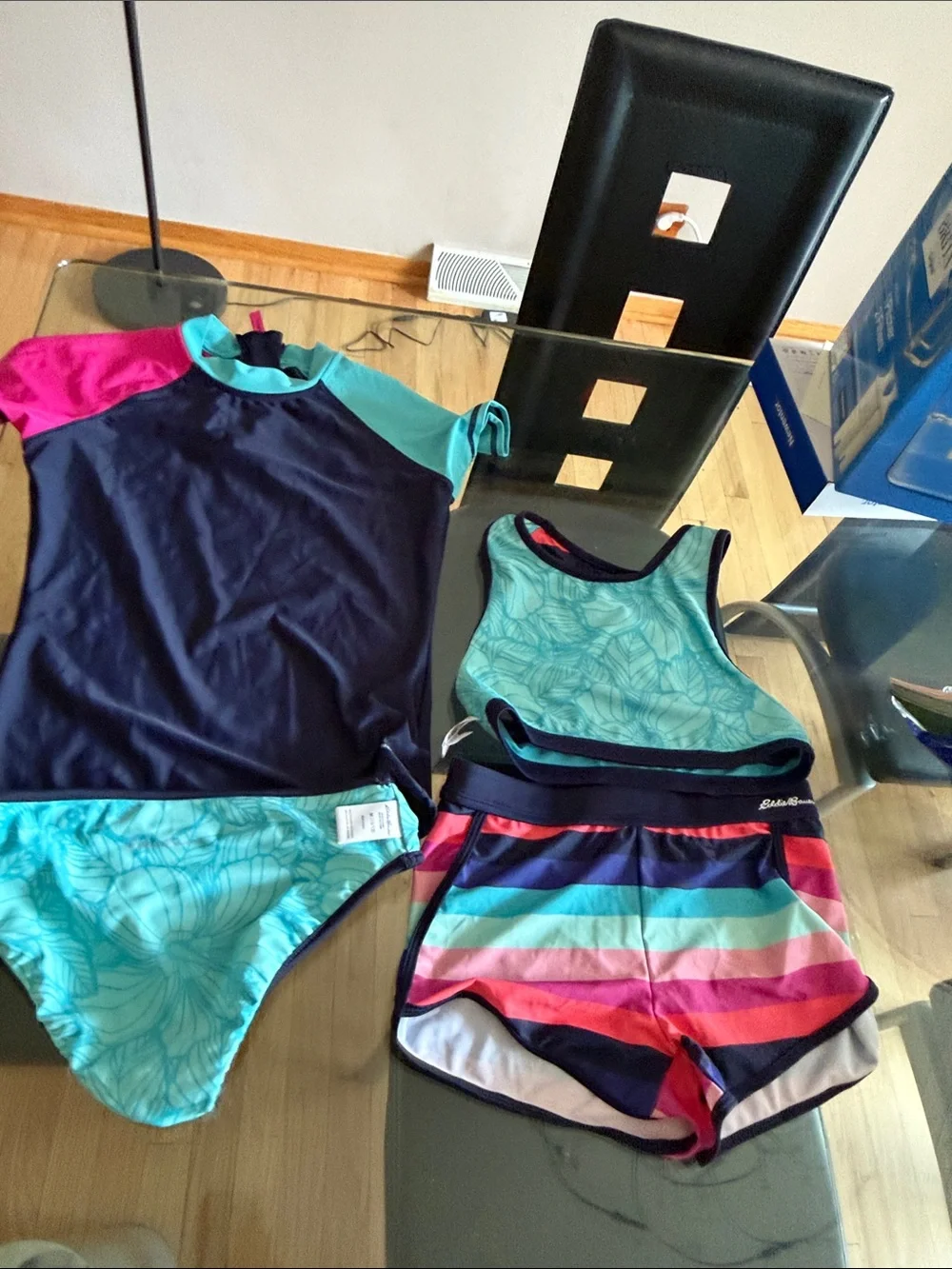 Girls' Multi-Stripe Reversible Swim Set - Navy, Pink & Teal