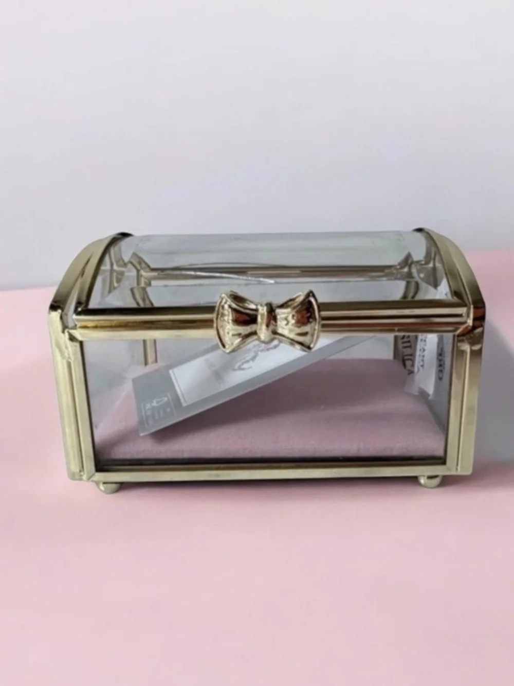 Gold trim and Glass Jewelry Box vintage style pink cushion