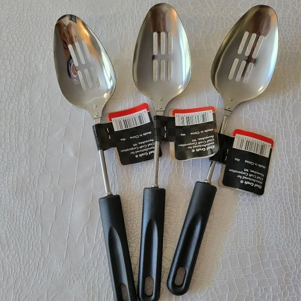 3 Chef Craft Basic Stainless Steel Slotted Spoons, 11.75 inch, Black