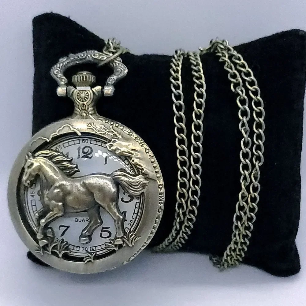 Horse Pocket Watch Antique Bronze Raised Stallion Quartz Chain Western Vintage
