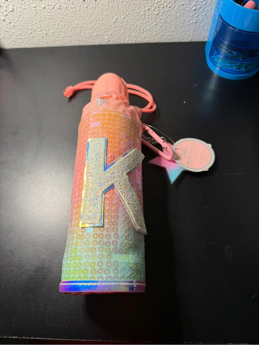 Justice Pink Rainbow Glitter 'K' Kids Water Bottle