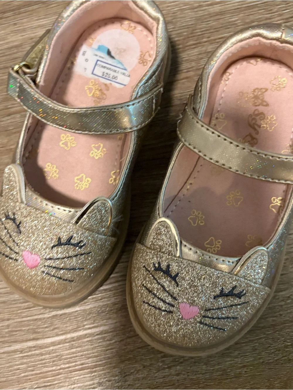 Girls' Gold Glitter Cat Mary Jane Shoes with Pink Accent
