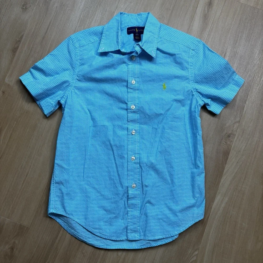 Ralph Lauren Button Down Short Sleeve Gingham Blue White‎ M(10-12) Kids