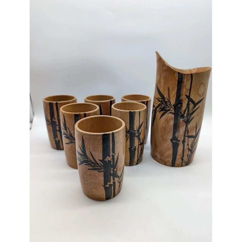 7 Set Vtg Natural‎ Bamboo Cups Pitcher Hand Painted Made in Japan MCM Bar Tiki