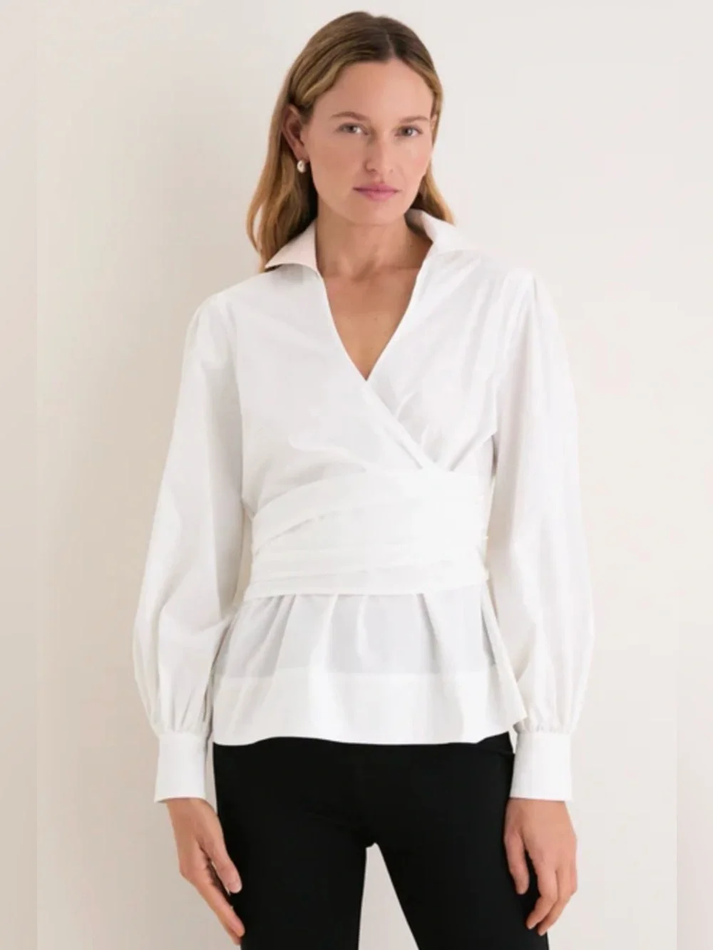 Tuckernuck Tie Front Bow Bea Blouse Wrap Waist Poplin Puff Sleeves- Women Size:M