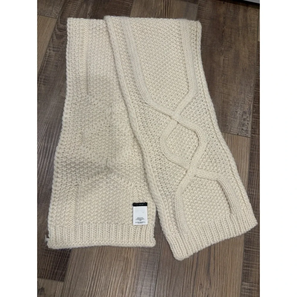 J.Crew Cable Knit Wool Acrylic Alpaca Warm Winter Wear Ivory Scarf 72x8in Women