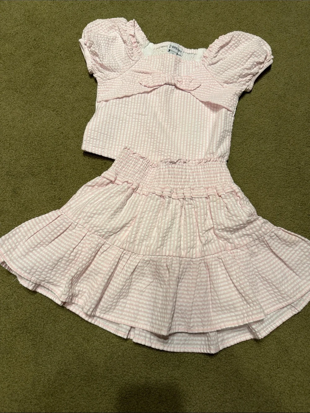 Sperry Light Pink Seersucker Puff Sleeve Top with Bow and Skirt Set