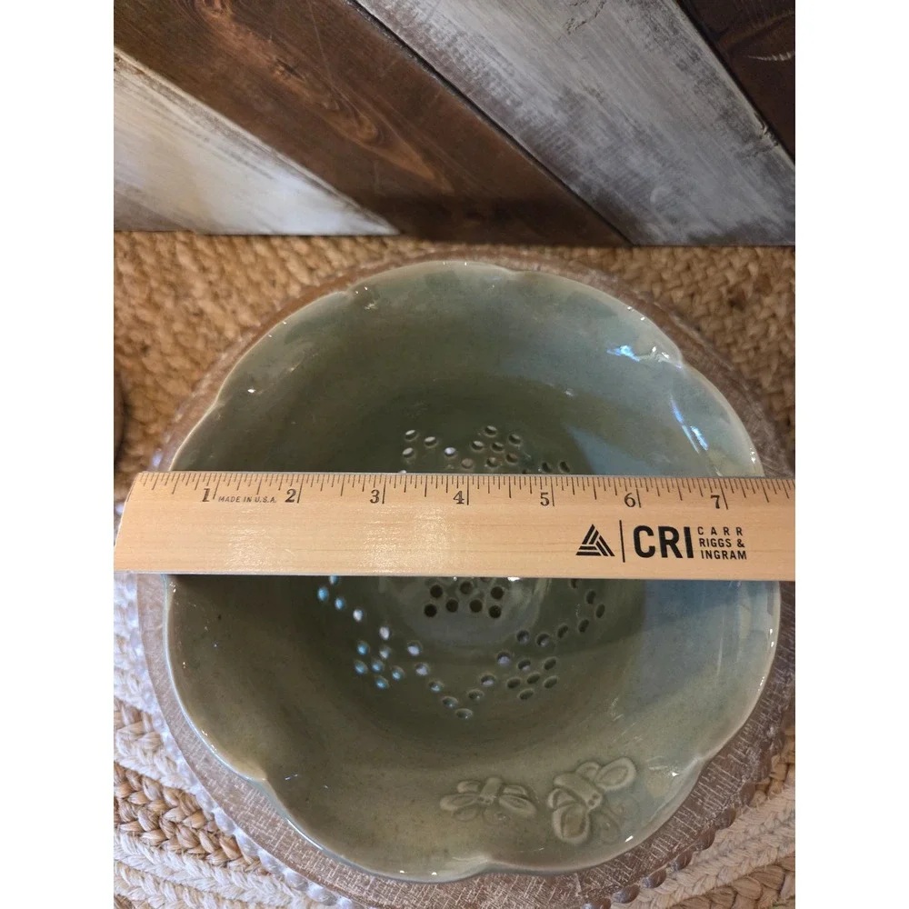 Ceramic Berry Bowl Colander Celadon Green Ivy Butterfly Scalloped Fruit Strainer