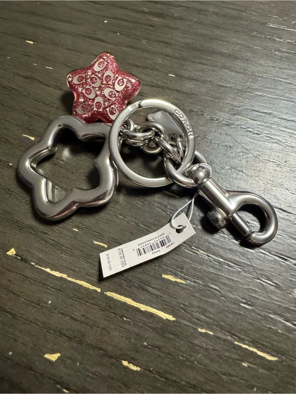 Coach Silver-Tone Star Key Fob with Pink Glitter Logo Charm