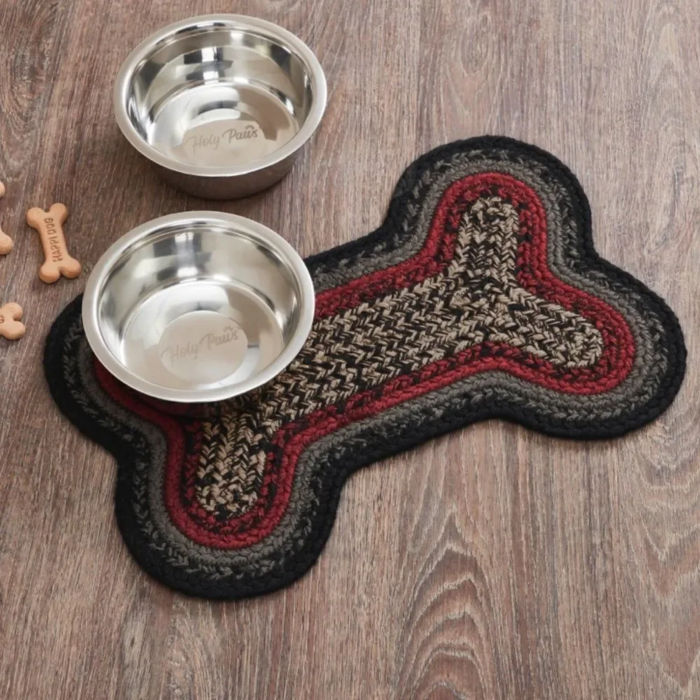 Farmhouse Black, Red, Tan, Grey Bone Shaped Jute Braided Dog Feeder Mat Pet