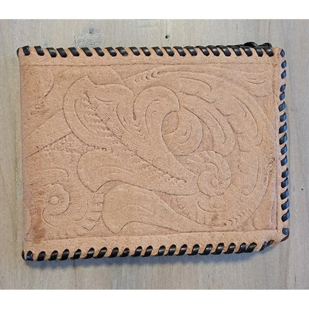 Vintage Tooled Western Wallet Laced Flower Floral Men's Leather Bifold Southwest