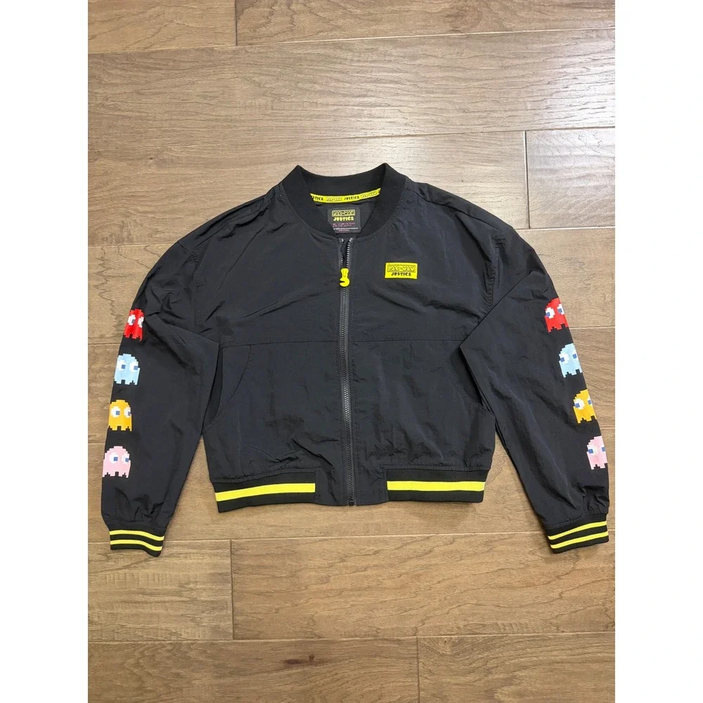 Justice Pac-Man Girls Bomber Jacket Black XL 16/18 Retro Gaming‎ Windbreaker Zip