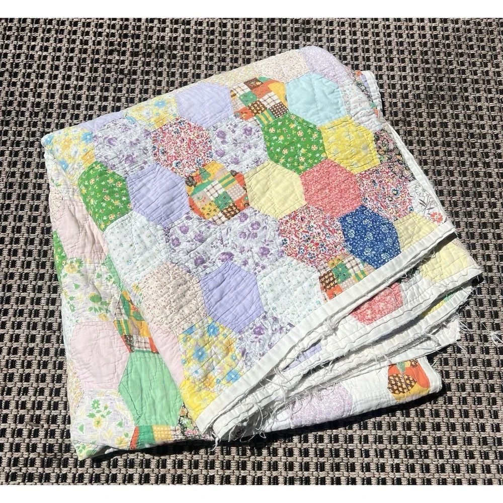 Vintage Hexagon Grandmother's Flower Garden Quilt Hand Made 79