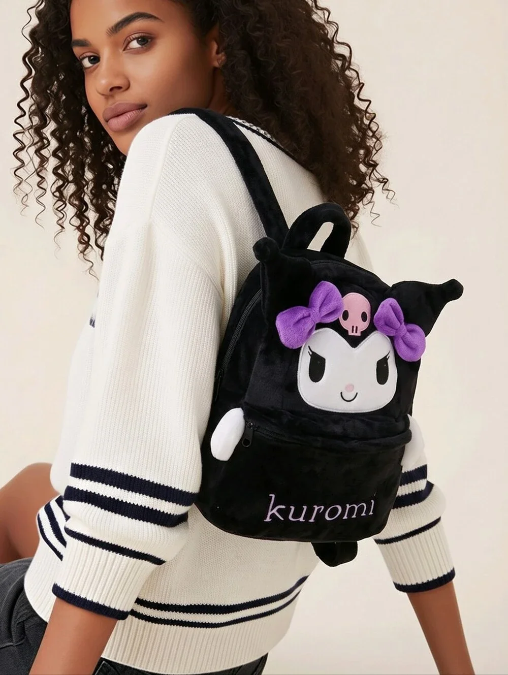 Kuromi Plush Backpack Sanrio Hello Kitty Black Furry Kawaii Spooky Book Bag 15”