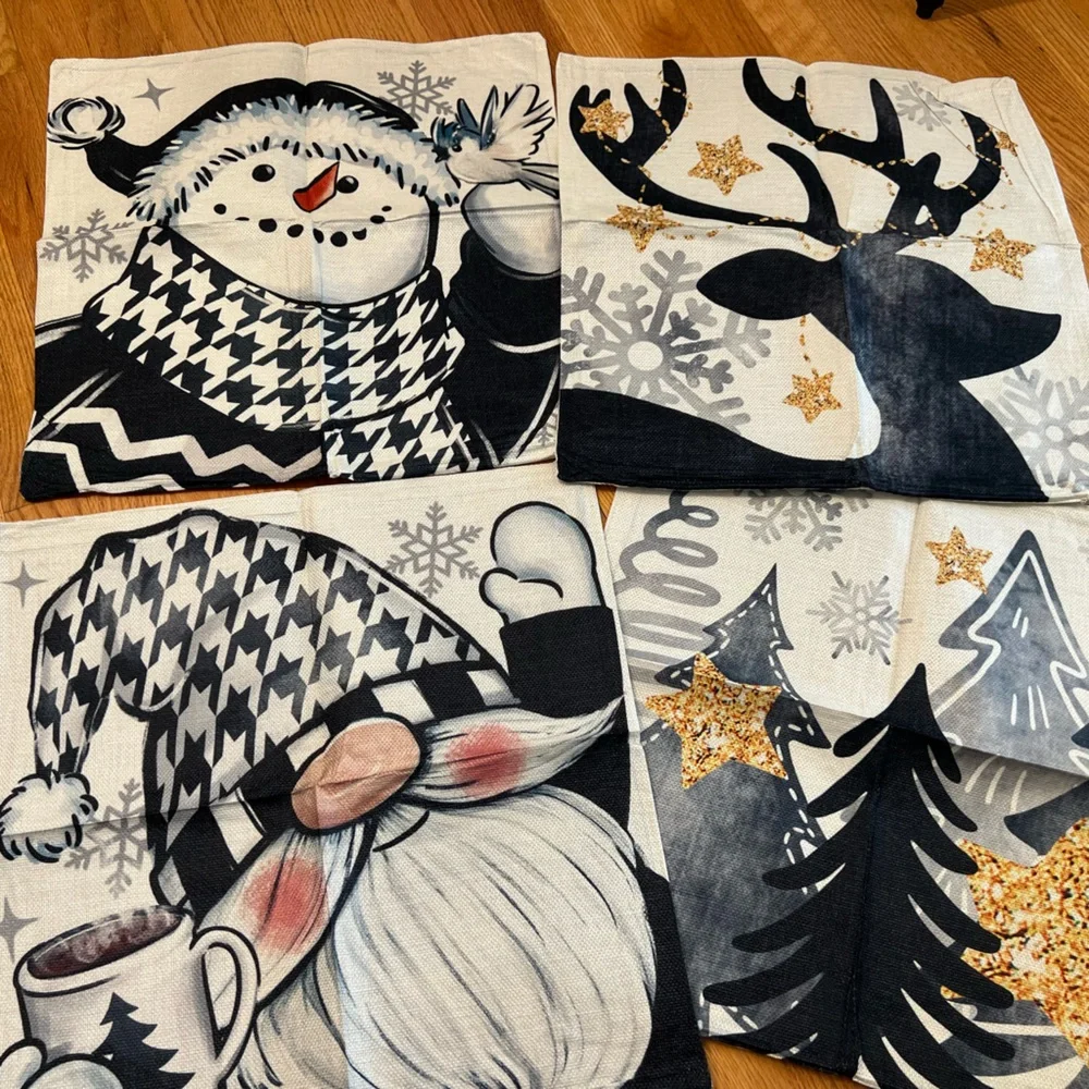 4 black white gold Festive Snowman and Gnome Pillow Covers