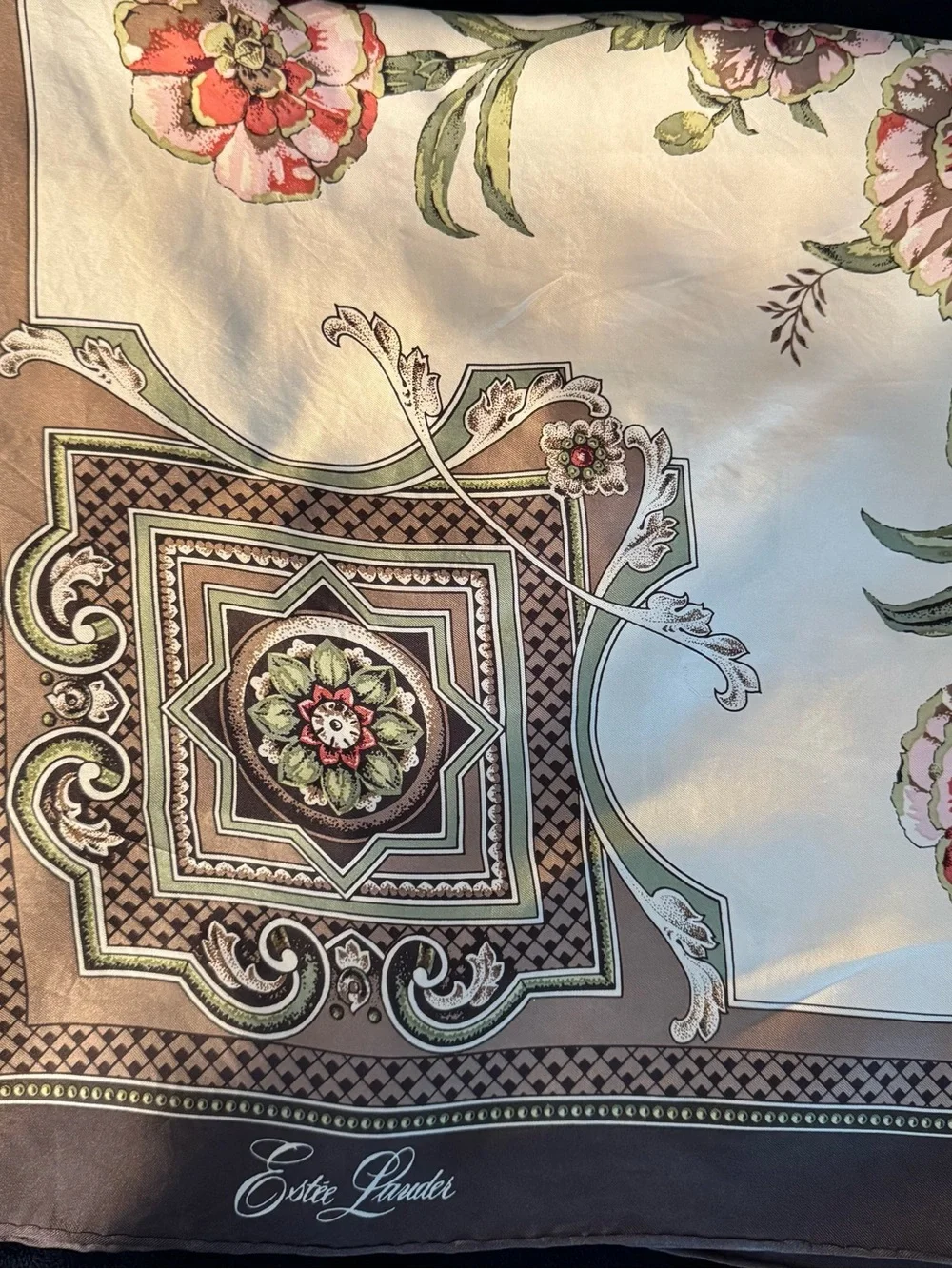 Vintage Estee Lauder 100% Silk Floral Brown & Cream Color Scarf Size-30.5x31