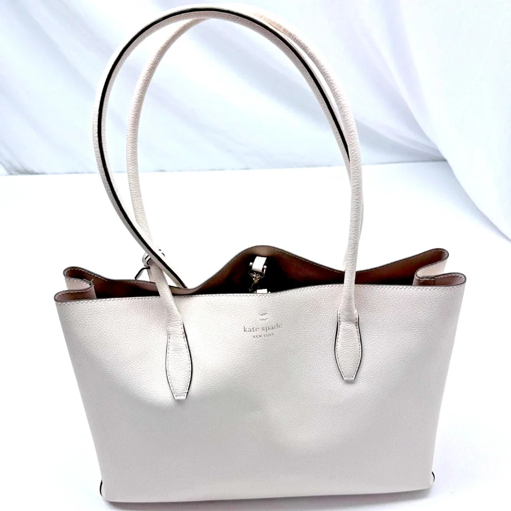 Kate Spade Harper Large Leather Tote Bag Parchment White Grey 15