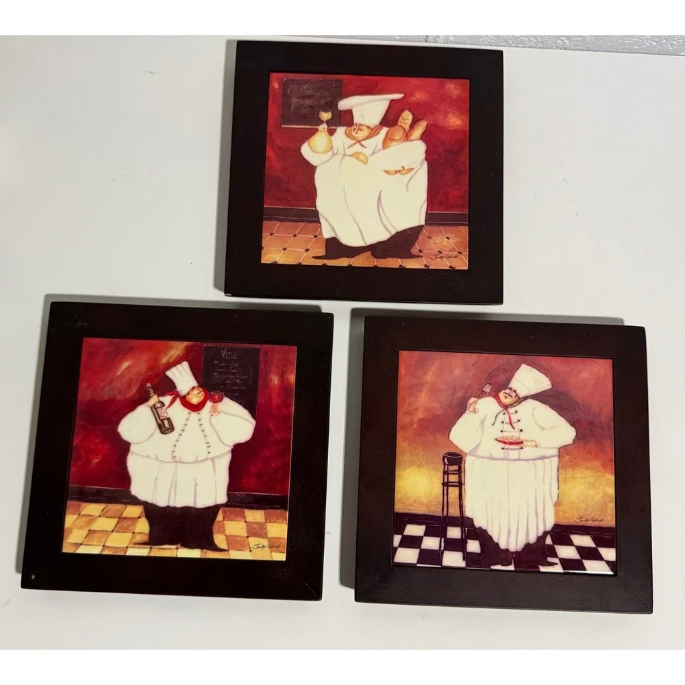 Jennifer Garant Fat Chef Set 3 Framed Ceramic Tile Wall Art 8x8 Bistro Kitchen