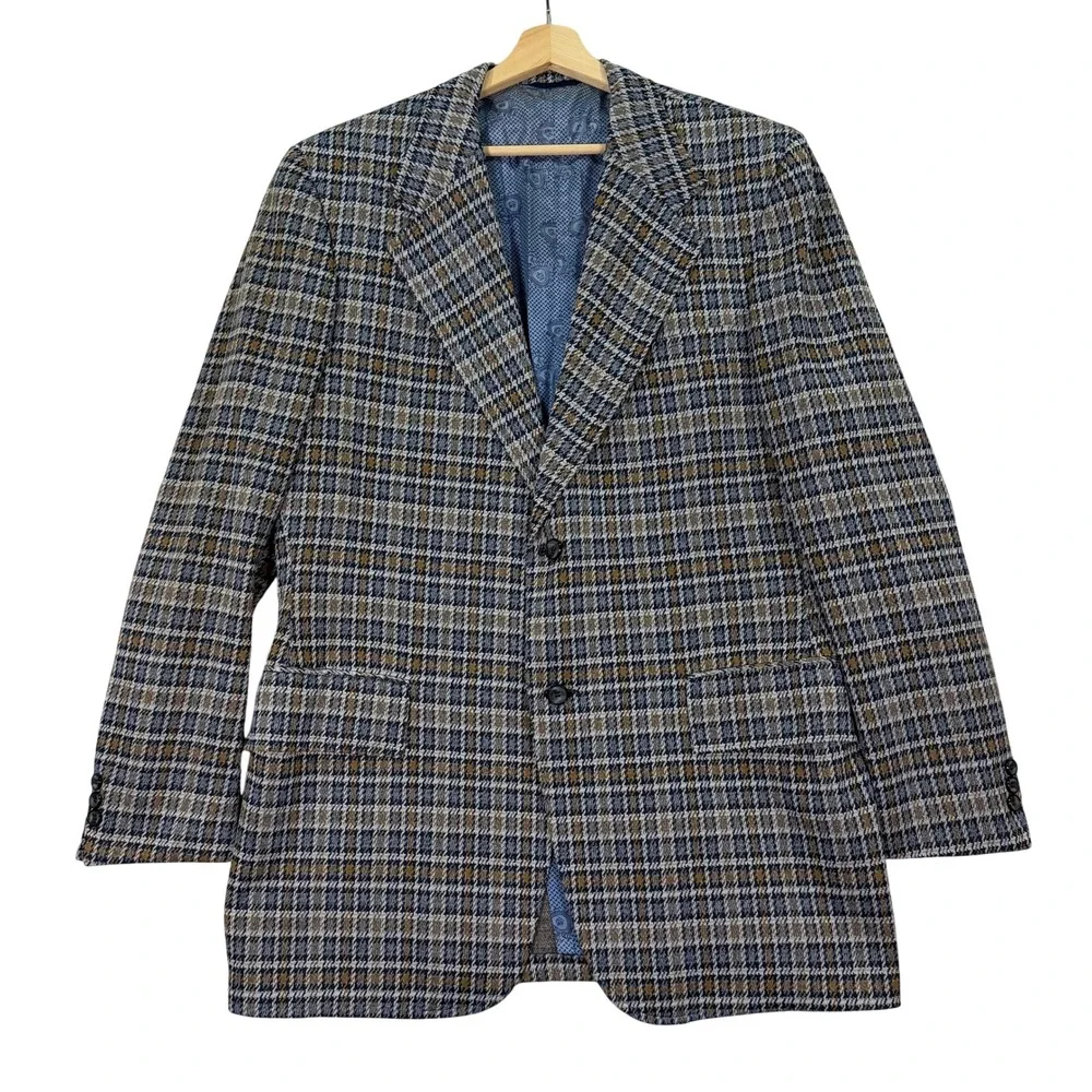 Vintage Sears Men 44XL Travelknit Blazer The Mens Store Blue Brown Plaid 70s USA