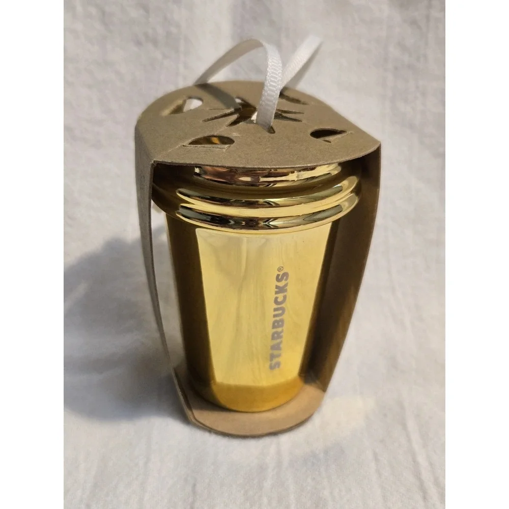 NWT 2012 Starbucks Shiny‎ GOLD Ceramic To-Go Cup Christmas Tree Ornament