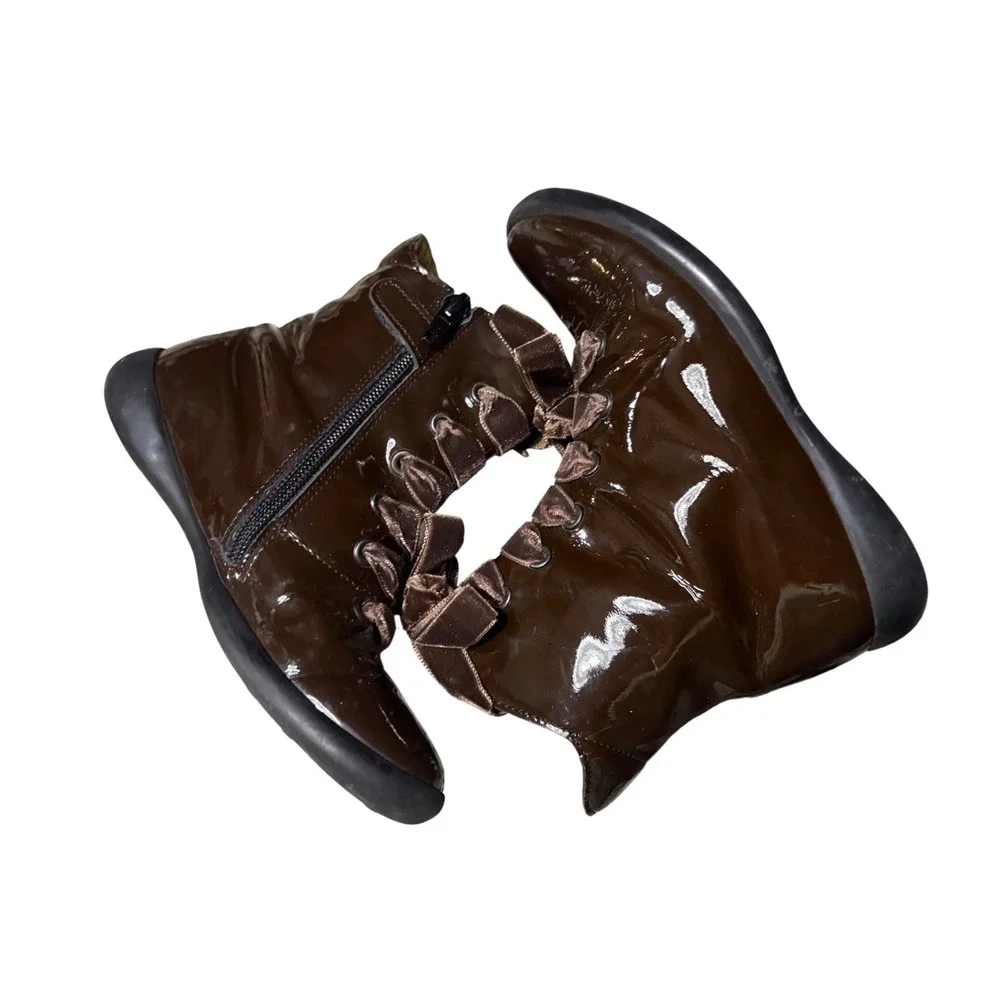 Mod8 Patent Leather Boots Kids Size 30 Brown‎ Good Velvet Ribbon Lace Zip Combat