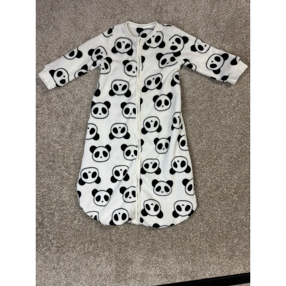 Black White Panda Print Fleece Baby Sleep Sack Long Sleeve Full Zip Pajamas