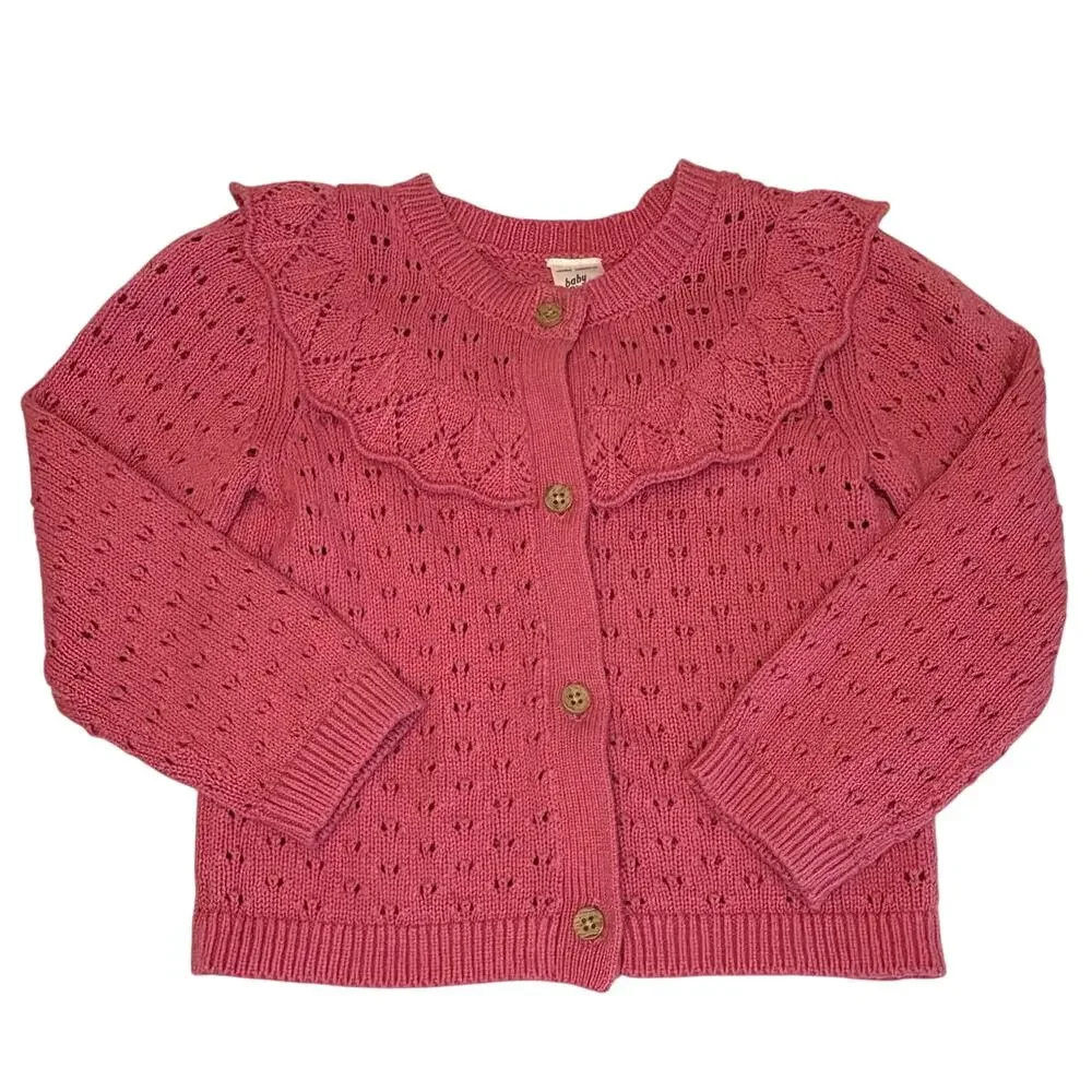 Baby B’Gosh Pointelle Cardigan Sweater Girls 24M Coral Pink Knit Button Cotton
