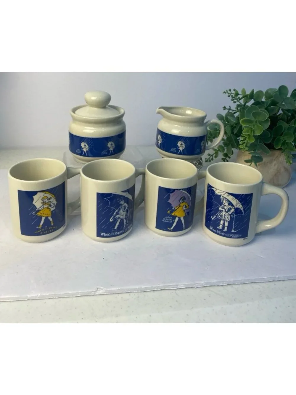 Vintage Morton Salt 7 Pc Ceramic Set - 4 Mugs, Lidded Sugar Bowl & Creamer Japan