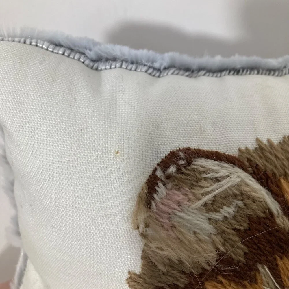 Handmade‎ Crewel Embroidered Kitty Dragonfly Pillow Faux Fur Backing 10 x 6 x 4